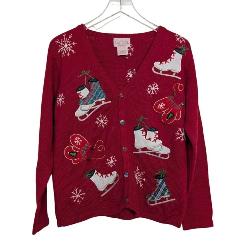 Vintage Ice Skating Cardigan Womens Size Small Red Snowflakes Winter Plaid